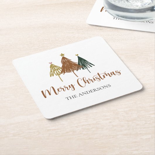 水パーソナライズされた色クリスマスツリー スクエアペーパーコースター (アングル)