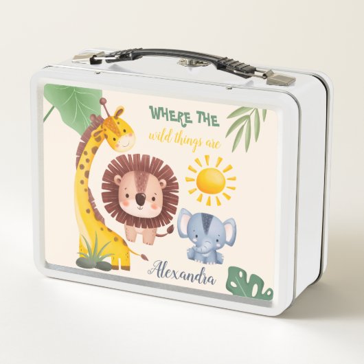 水パーソナライズされた色サファリ動物 メタルランチボックス (裏面)