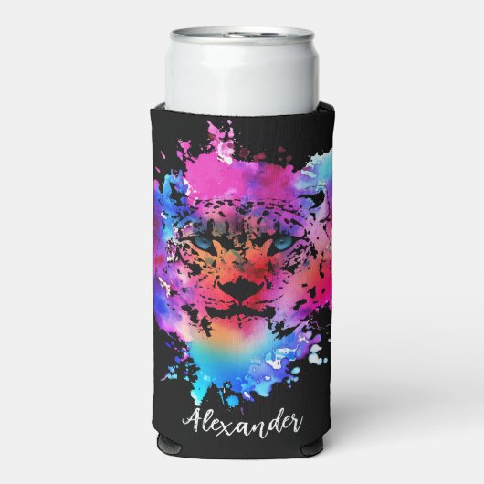 水パーソナライズされた色タイガー頭 スリム缶クーラー (Seltzer正面)