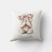 水パーソナライズされた色テディベアガールピンクボウ クッション (裏面)