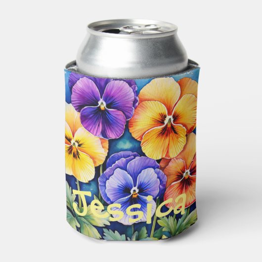 水パーソナライズされた色パンジー缶クーラー 缶クーラー (缶正面)