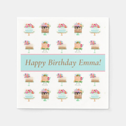 水パーソナライズされた色フローラお誕生日ケーキ スタンダードカクテルナプキン (正面)