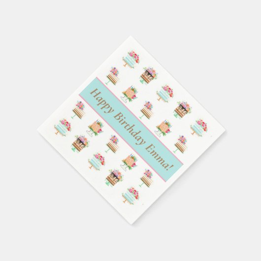 水パーソナライズされた色フローラお誕生日ケーキ スタンダードカクテルナプキン (角)