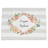 水パーソナライズされた色フローラとストライプパターン ラージペーパーバッグ (正面)