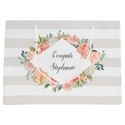 水パーソナライズされた色フローラとストライプパターン ラージペーパーバッグ (正面)