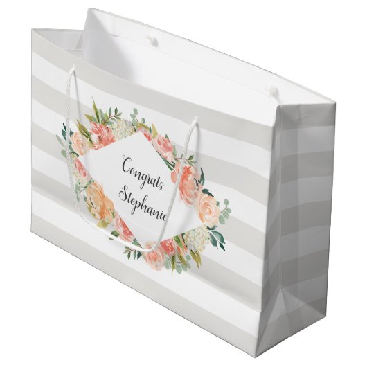 水パーソナライズされた色フローラとストライプパターン ラージペーパーバッグ (正面アングル)