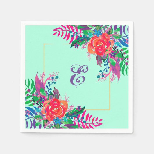 水パーソナライズされた色フローラと金ゴールド縁ど スタンダードカクテルナプキン (正面)