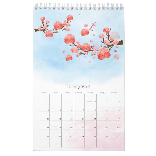 水パーソナライズされた色フローラ植物暦 カレンダー (1月 2026)