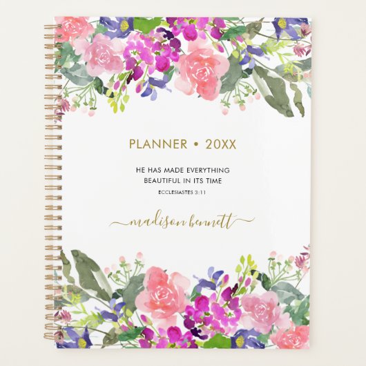 水パーソナライズされた色フローラ聖句 プランナー手帳 (正面)