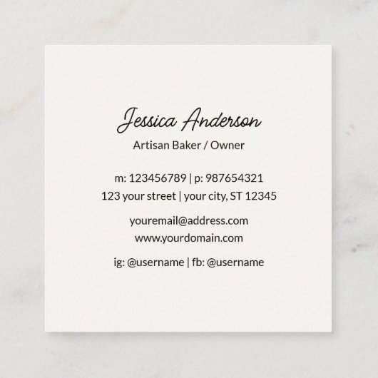 水パーソナライズされた色ペストリーベーキングベーカリー スクエア名刺 (裏面)