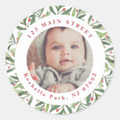 水パーソナライズされた色ホリークリスマス写真 ラウンドシール (正面)