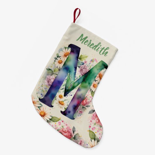 水パーソナライズされた色モノグラムフローラブーケ スモールクリスマスストッキング (正面 (吊り時))