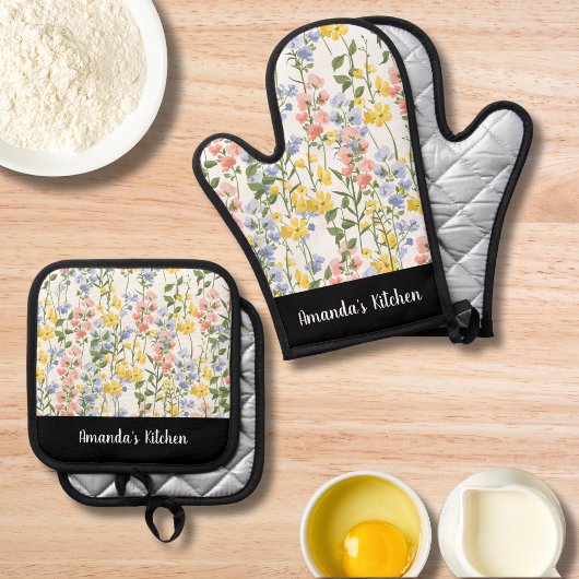 水パーソナライズされた色ワイルドフラワースタイリッシュギフト 鍋つかみ&鍋敷きセット