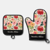 水パーソナライズされた色ワイルドフラワーボースタイリッシュホ 鍋つかみ&鍋敷きセット (正面)