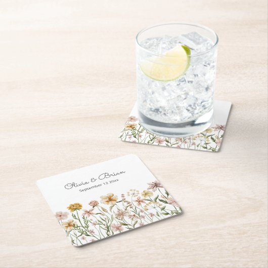 水パーソナライズされた色ワイルドフラワー牧草地フローラ スクエアペーパーコースター (インサイチュ)