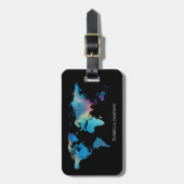 水パーソナライズされた色ワールドマップブラックティール（緑がかった色）ブルー ラゲッジタグ (正面縦)
