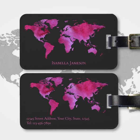 水パーソナライズされた色ワールドマップホットピンクブラック ラゲッジタグ
