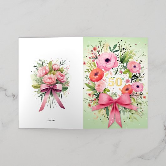 水パーソナライズされた色記念日カエレガントード 箔グリーティングカード (外側レイダウン)