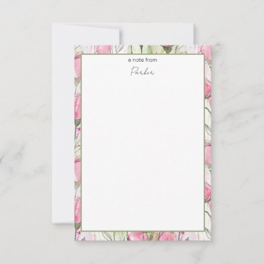 水パーソナライズされた色赤面ピンクローズバッド サンキューカード (正面)