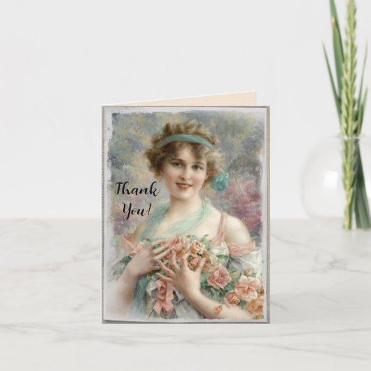 水ビクトリアン色の背景のバラ付き女性 サンキューカード (正面)