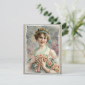 水ビクトリアン色の背景のバラ付き女性 招待状 (スタンド正面)