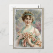 水ビクトリアン色はがき上のバラ付き女性 ポストカード (正面/裏面)