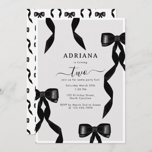 水ファンシー色ブラックボウフォーマル子供の誕生日 招待状 (正面/裏面)