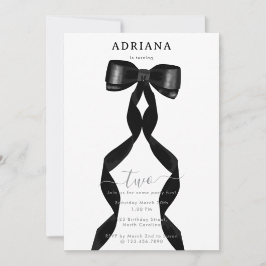 水ファンシー色ブラックボウフォーマル誕生日 招待状 (正面)