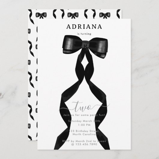 水ファンシー色ブラックボウフォーマル誕生日 招待状 (正面/裏面)