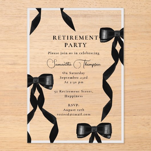 水ファンシー色ブラックボウ除フォーマル去パーティー アクリル招待状 (正面)