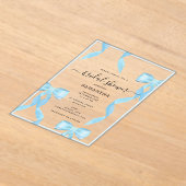 水ファンシー色ブルーボウフォーマルブライダルシャワー アクリル招待状 (レイダウン)