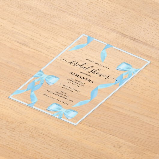 水ファンシー色ブルーボウフォーマルブライダルシャワー アクリル招待状 (レイダウン)