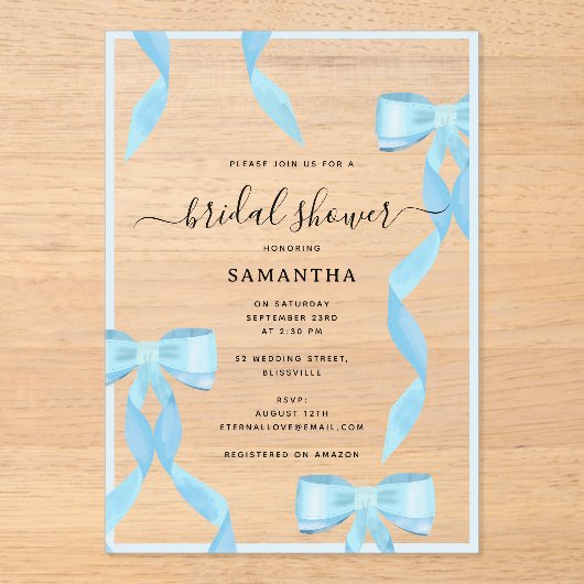 水ファンシー色ブルーボウフォーマルブライダルシャワー アクリル招待状 (正面)
