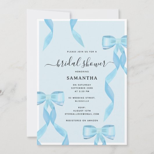 水ファンシー色ブルーボウフォーマルブライダルシャワー 招待状 (正面)