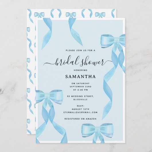 水ファンシー色ブルーボウフォーマルブライダルシャワー 招待状 (正面/裏面)
