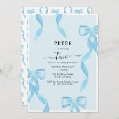 水ファンシー色ブルーボウフォーマル子供の誕生日 招待状 (正面/裏面)