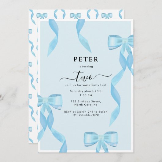 水ファンシー色ブルーボウフォーマル子供の誕生日 招待状 (正面/裏面)