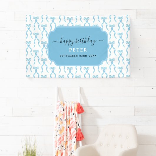 水ファンシー色ブルーボウ誕生日 横断幕 (インサイチュ)