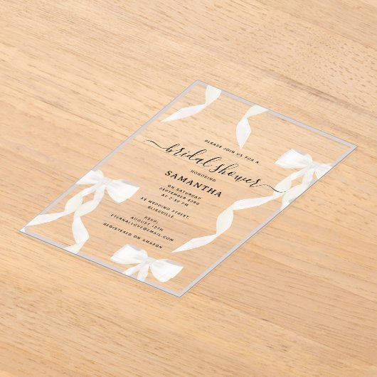水ファンシー色ホワイトボウフォーマルブライダルシャワー アクリル招待状 (レイダウン)