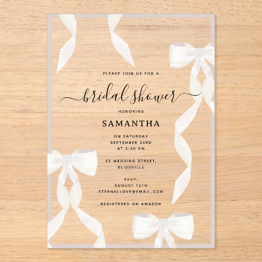 水ファンシー色ホワイトボウフォーマルブライダルシャワー アクリル招待状 (正面)