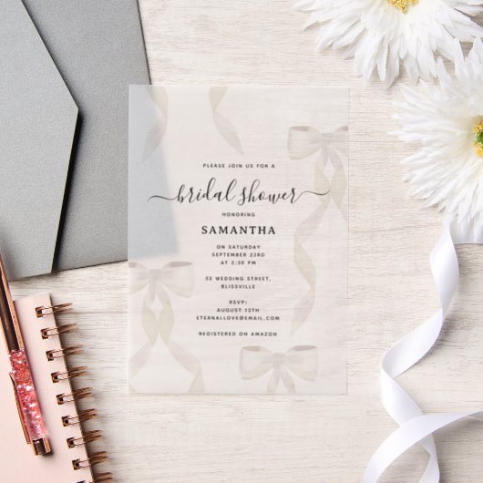 水ファンシー色ホワイトボウフォーマルブライダルシャワー ベラム紙招待状 (ウェディング)