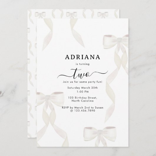 水ファンシー色ホワイトボウフォーマル子供の誕生日 招待状 (正面/裏面)