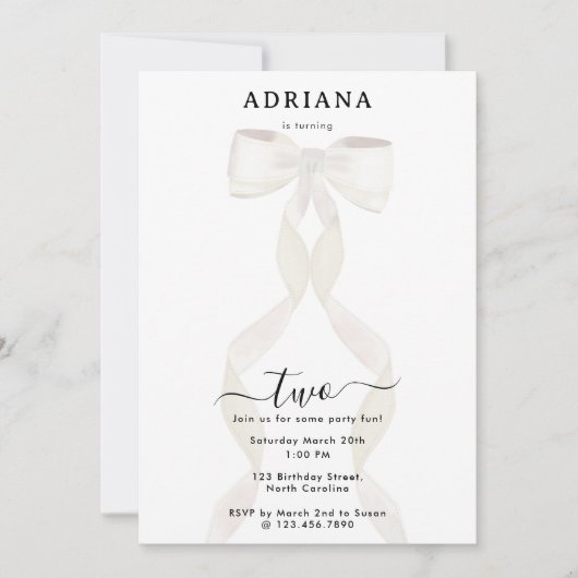 水ファンシー色ホワイトボウフォーマル誕生日 招待状 (正面)