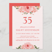 水フェミニン色コーラルシックフローラ35誕生日 招待状 (正面/裏面)