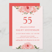 水フェミニン色コーラルシックフローラ55誕生日 招待状 (正面/裏面)