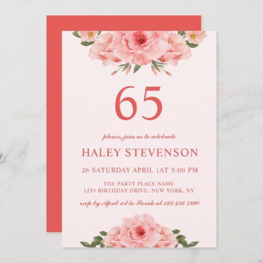 水フェミニン色コーラルシックフローラ65誕生日 招待状 (正面/裏面)