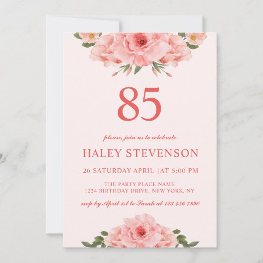 水フェミニン色コーラルシックフローラ85誕生日 招待状 (正面)