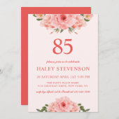 水フェミニン色コーラルシックフローラ85誕生日 招待状 (正面/裏面)