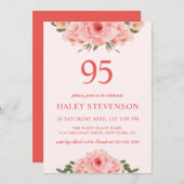 水フェミニン色コーラルシックフローラ95誕生日 招待状 (正面/裏面)