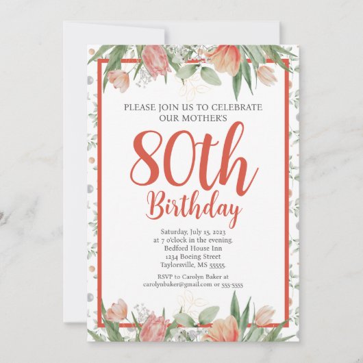 水フェミニン色フローラ80th誕生日パーティー 招待状 (正面)